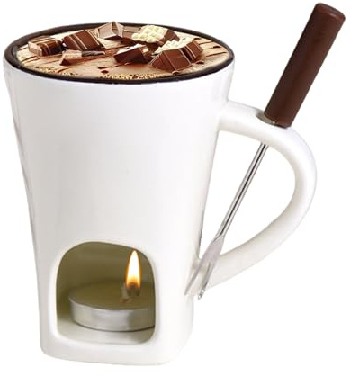Generisk chokladfondue-, med en fonduegaffel och ett av keramik – säker personlig smältkopp – för skojs skull, familj, fest, sammankomst, dessert, semester, fest och