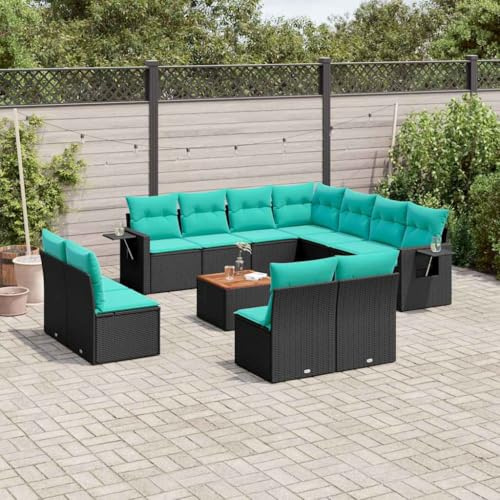 Teenpull 12-delat set för trädgårdssoffa, svart polyrotting, modulär loungesoffa med blå kudde, fällbart sidobord, akaciaträ-bordsskiva, UV-beständig, väderbeständig