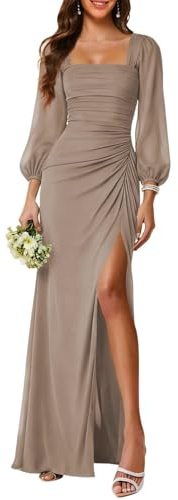 KURFACE Abito da damigella d'onore a maniche lunghe da donna con fessura plissettata in chiffon damigella d'onore lunghezza pavimento abito formale, Tortora, 42