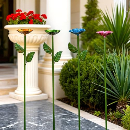 4 x Metall-Blumen-Futterspieße, 61 cm, bunte Gartendekoration mit Eisenkonstruktion, rostbeständige Tassen zum Halten von Wasser, Nektar oder Vogelfutter, um Vögel, Bienen, Schmetterlinge anzulocken