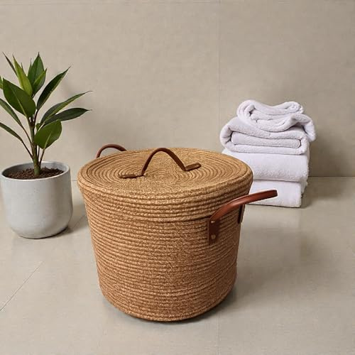 MaVaux Armonia Wäschekorb mit Deckel – Jute-Optik Aufbewahrungskorb mit Ledergriffen, Wäsche- & Spielzeugkorb, 40 x 30 cm (Naturfarbe)