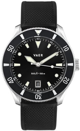 Vaer DS2 Meridian Black Quartz Dive Watch for Men - Ocean Ready 15 ATM, 42mm, Battery-Powered, Sapphire Crystal (+/- 20 Seconds per Month), Two Quick-Change 20mm Straps - Gift Set for Men