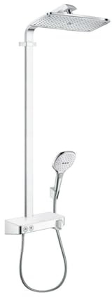 hansgrohe Raindance E - Colonne de douche avec mitigeur thermostatique, douche pluie (360 x 190 mm) avec robinet, douchette, support, flexible, barre et douche de tête carrée, Blanc/chromé, 27288400