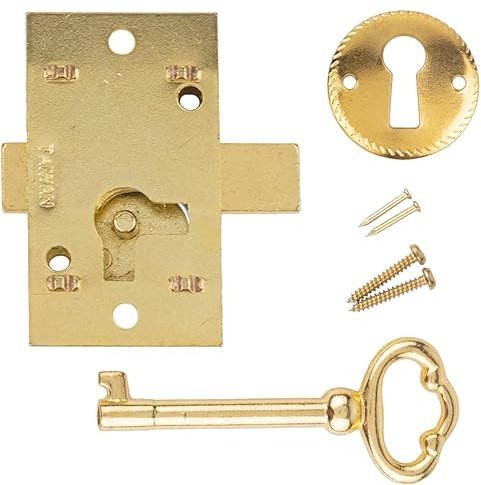Small Brass Plated Flush Mount Cabinet Door Lock with Key - 1 Wide x 1 3/4 High - Vintage Lock and Key for Furniture Doors and Drawers | UA-030-LPB