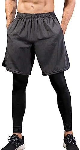 Yuerlian Pantaloni da uomo 2 in 1 con leggings a compressione, ad asciugatura rapida, set di abbigliamento sportivo per palestra, allenamento, basket, ciclismo, 1-grigio, L