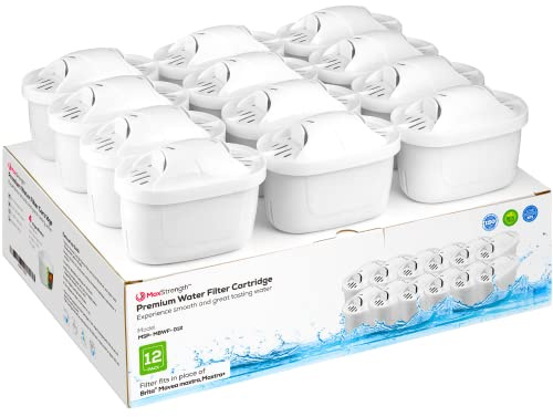 Max Strength Pro - Juego de 12 cartuchos de filtro de agua compatibles con Brita Maxtra® y XL Jugs, 12 meses de suministro de filtros sin BPA, también compatible con Mavea Maxtra, Elemaris, Marella