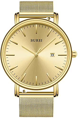 BUREI Ultra Dünne Uhren Herren Analoges Datum Armbanduhr Herren mit Japanisches Quarzwerk, Geschenke für Männer (Goldnägel des Blauen Hintergrunds der Schwarzen Schale, Edelstahl)