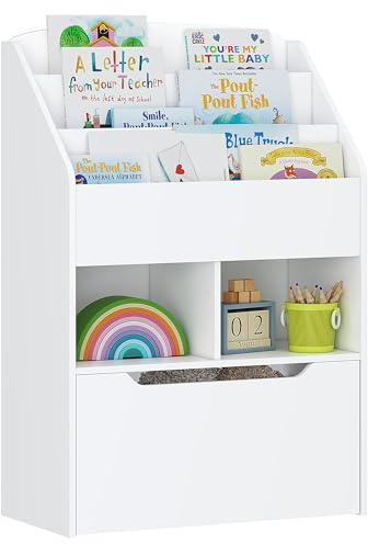 UTEX Kinder-Bücherregal mit beweglicher Spielzeugbox, Kleinkind-Bücherregal und Spielzeugaufbewahrung, Kinderbuch-Präsentationsregal, Spielzeugtruhe Combo für Kinderzimmer & Kinderzimmer, Weiß