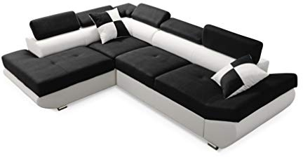 Robin Inspire Divano Angolare Modulare 4 Posti - Divano Letto a L Sinistro - Contenitore, 5 Poggiatesta Regolabili, 2 Cuscini - per Soggiorno Moderno - 280 cm Saturn Nero Bianco Ultra