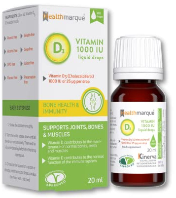 Vitamin D3 Liquid Drops 1000 IU - Pure Vitamin D Liquid in Olive Oil for Children and Adults by Healthmarque (500 doses)