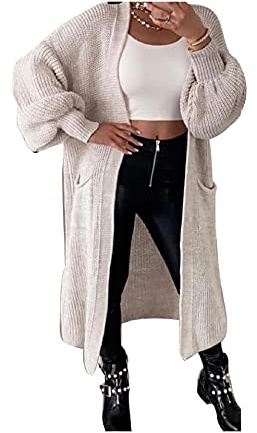 Candid Styles Ladies Long Maxi Knitted Cardigan Balloon Sleeve 2 Pocket Womens Open Front Boyfriend Cardigans Top (Stone, 8-14)