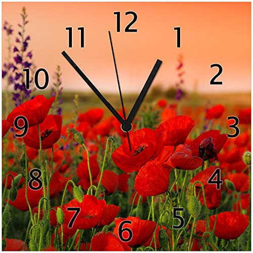 Wallario Design Wanduhr aus Echtglas Mohnblumen auf dem Feld, Größe 30 x 30 cm, Schwarze Zeiger