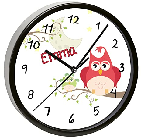 CreaDesign, Wanduhr Kinder personalisiert mit Name, Motiv Eule Mama, Rahmen Wanduhr schwarz, Ø 19,5 cm