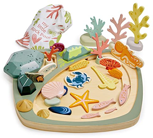 Tender Leaf Toys - My Little Rock Pool - 35 Piece Wooden Sea Life Set with Illustrated Drawstring Bag - Educational Play toy, Improve Fine Motor Skills, Shape Sorting Play for Boys and Girls - Age 3 +