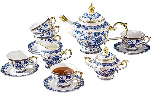 ACMLIFE Tea Set for Adults, Vintage Tea Sets, Bone China Tea Set, Tea Cup Set Porcelain Tea Set for 6, Floral Tea Cup Set With Teapot, 21 Pieces Tea Party Sets for Women Gift，Mother's Day (Blue)