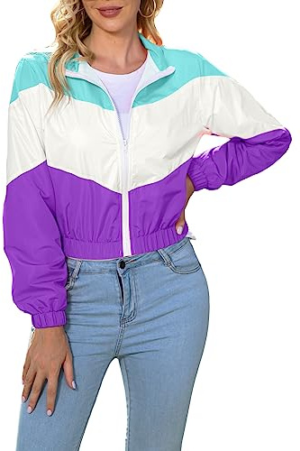 LAOARA Women’s Lightweight Windbreaker Sport Jacket Zip Up Color Block Coat Casual Long Sleeve Jogging Outerwear Purple M