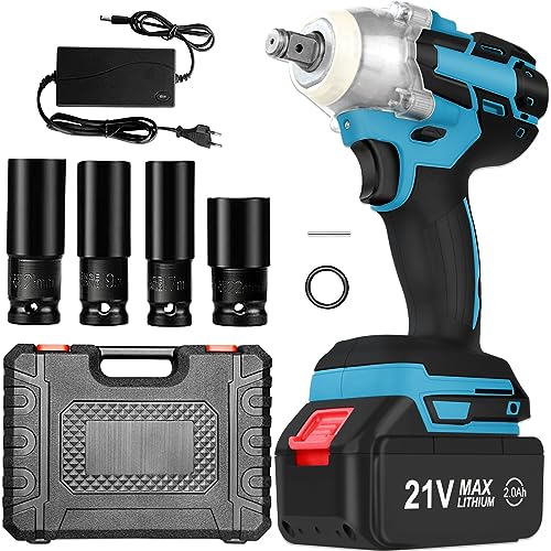 Clé à Chocs électriques,320 N·m Clé à Chocs Sans Fil Brushless avec 2.0Ah Batterie 21V 4 Douilles à Chocs (17 mm/19 mm/21 mm/22 mm)，Pour le changement de pneus, le serrage et le démontage de boulons
