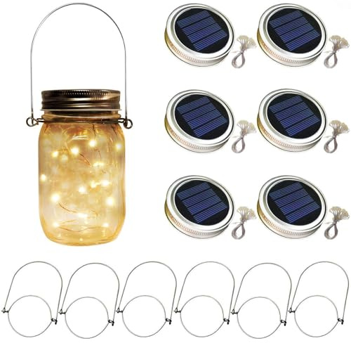 TecHong 6 x Solar Mason Jar Light Lids - 30 LED Hanging Fairy Firefly String Light Lantern Cap, Outdoor Waterproof Patio Porch Garden Yard Balcony Lawn Wall Lighting Decor(No Jar Included)