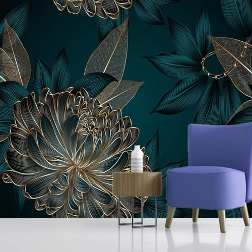 KoKoty Fotomurales 3D borde dorado azul oscuro Flores -420 x 260 cm-Murales decorativos pared 3D Seda papel de pared Mural dormitorios salón hotel fondo de TV