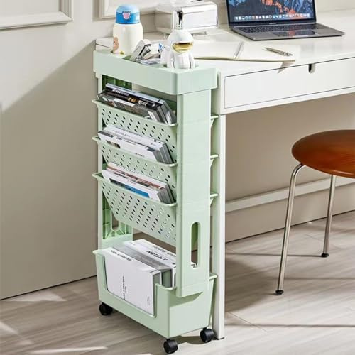Shally Dogan Platzsparender Zeitungswagen mit 360° drehbaren Rädern und 5 Ebenen, schlanker Aufbewahrungswagen, ideal für Bücher, Dokumente und Zeitschriften, Mehrzweck-Büroregal (Grün)