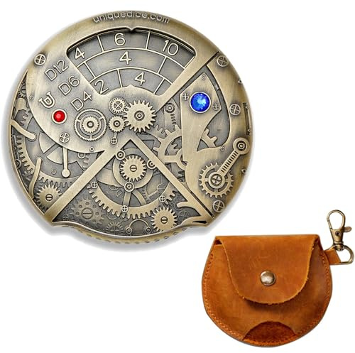 Uniquedice Roulette-Würfel-Thema, 1 für 7 Würfel, D20, D12, D10, D8, D6, D4, D%, für DND-Tisch-RPG (antikes Messing mit Ledertasche)