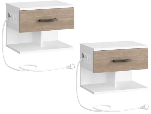 HOOBRO Set med 2 hängande nattduksbord, väggbord med laddningsstation och låda, 1 standarduttag och 2 USB-portar, för sovrum, vit och antik grå EWG127CBZP201