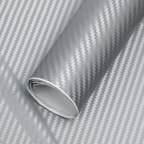 3D Carbon Fiber Vinyl Wrap Rolle, KACEPAR Selbstklebende Lackschutzfolie für Auto Motorrad Van, Wasserfeste Innen/Außen DIY Dekoration, Strukturierter 3D Effekt, 50cm x 152cm - Silber