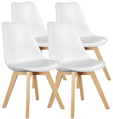 OLIXIS Set of 4 Dining Kitchen Mid-Century Modern Chairs with Wood Legs and PU Leather Cushion for Living Room Bedroom Outdoor Lounge, White