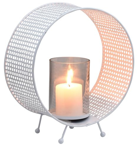 Marrakesch Boho Deko Teelichthalter aus Metall & Glas in weiß 24 cm groß | Windlicht Rineira als Frühling Wohnzimmer Tisch Deko | Exquisite Kerzenständer für Teelichter als Dekoration Dekoartikel