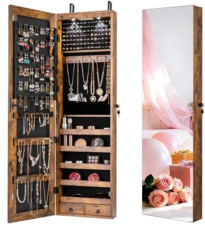 NAFORT 2 LEDs Full Length Mirror with Jewelry Armoire, Jewelry Organizers and Storage with 2 Mounting Options, 47.5”H Jewelry Cabinet with 2 Drawers, Make up & Lockable Jewelry Box, Rustic Brown