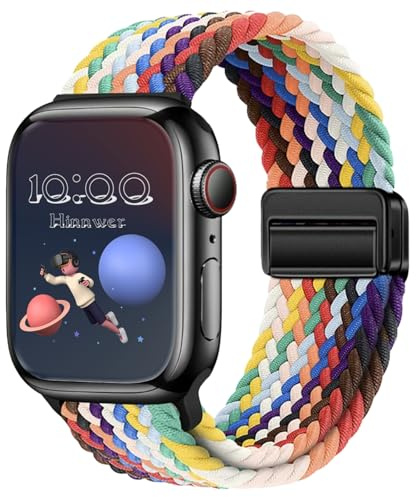 Hinnwer Bracelets Tressé Magnétique pour Apple Watch 42mm 41mm 40mm 38mm | Élastique Nylon Band avec Fermoir Magnétique pour iWatch SE 3 SE 2 SE Series 11 10 9 8 7 6 5 4 3 2 1 Arc-en-ciel