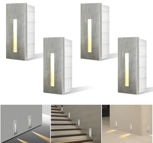 Großcat LED Applique Murale Intérieure blanc chaud 3000k Luminaire d'escalier encastré de mur étendu 2.5W Lumière d'escalier rectangulaire, pour Terrasse, Mur, Pathway, Argent, 4 pièces