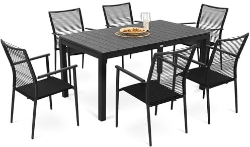 di volio Gartenmöbel MASSA, ausziehbarer Gartentisch mit stapelbaren Stühlen - Set, Essgruppe für 6-8 Personen, robust & wetterfest & langlebig (6+1)