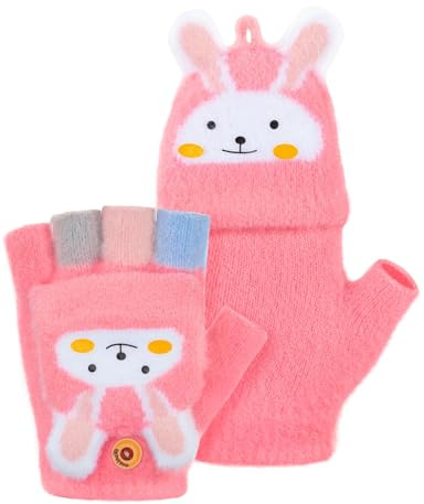 MELLIEX Guantes sin Dedos Niño, Flip Top Guantes Niño Invierno, Cálido Medio Dedo Manopla para Niños Niñas 5-10 Años，Conejo-Rosa