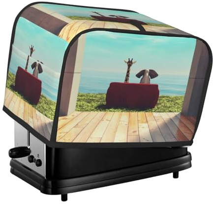 Copertura per tostapane a 2 fette, Elehpant e una giraffa che guardano il mare, con tasche per piccoli elettrodomestici da cucina, protezione dalle impronte digitali, lavabile in lavatrice