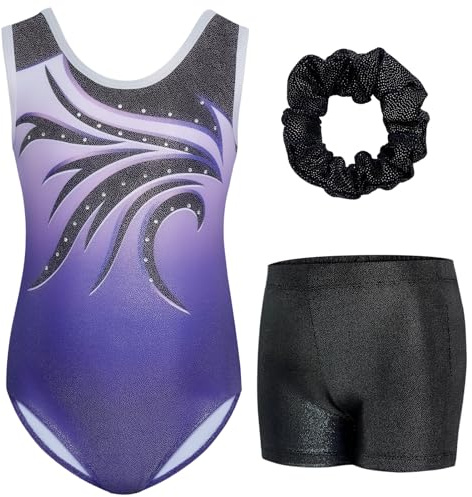 Gogokids Ärmelloses Gymnastiktrikot Set für Mädchen, dreiteilig mit Shorts und Haargummi, Kinder Gymnastik Outfits mit Aushöhlen & überkreuztem Design, Glitzer Ballett-Einteiler für Alter 9-10