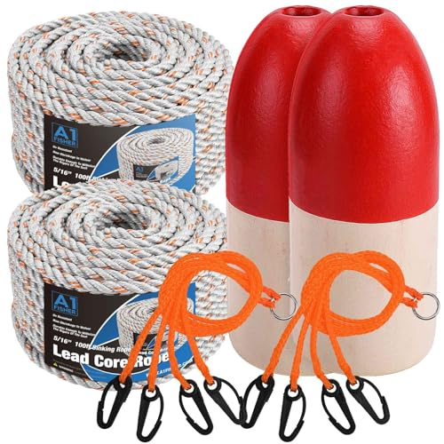 A1FISHER 2 Packs 5/16 Dia-100’ Leaded Core Rope with 13.8’’x5.9’’ Red/White Crab Trap Deep Water Float Buoy, 4 Arm Trap Harness Combo