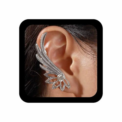 Yienate Pendientes plata estilo vintage diseño envolvente cuff strass circonita cúbica clavo Pendiente individual ala derecha trepadora diseño envolvente clip metálico plumas llamativas para mujeres