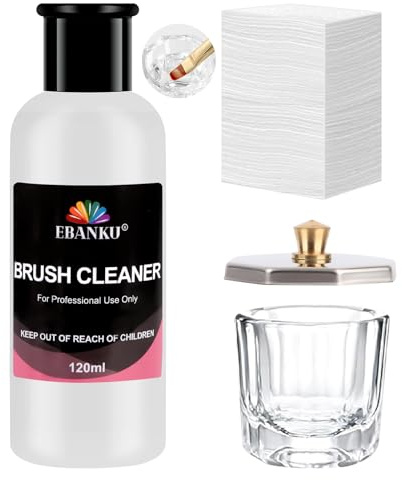 EBANKU 120ml Nagelbürsten-Reiniger, 3 in 1 Nail Art Pinsel Aufbereiter Nagelbürste Saubere Lösung Schnellreiniger mit Glasbecher und 100 Pcs Baumwolle für festen Gellack/Nagelverlängerungsgel