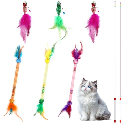 8 Stück Katze Spielzeug,Interaktives Katzenspielzeug mit Bunten Federn,Pfefferminzkugeln und Glöckchen,Kätzchenjagdspielzeug,Katzenangel Spielzeug für die Interaktion mit der Katze,Zahnen und Reinigen