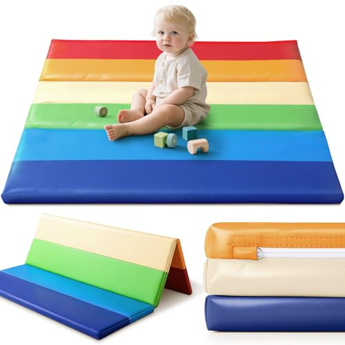 JungleDove Schaumstoff Spielmatte für Baby: 121x121 cm PU-Leder wasserdicht Kinder Spielmatte - Baby Spielmatten für Boden - Thick Spielmatte für Laufstall gepolstert Laufstall Matratze (Regenbogen)
