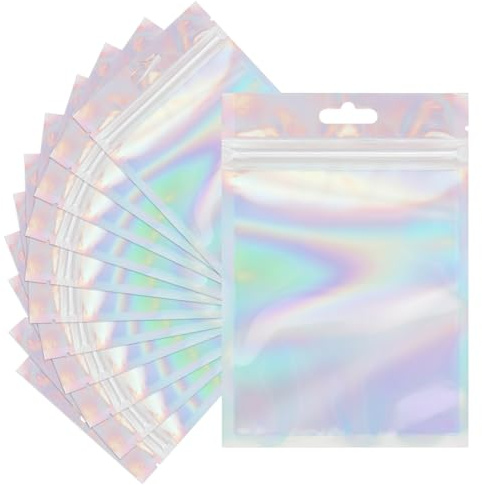 VOSSOT 120 Pezzi Sacchetti In Mylar 10,5 X 15 cm con Chiusura A Pressione Sacchetti di Plastica Olografici Richiudibili In Pellicola con Foro per Appendere per Confezionare Gioielli, Regali, Dolciumi