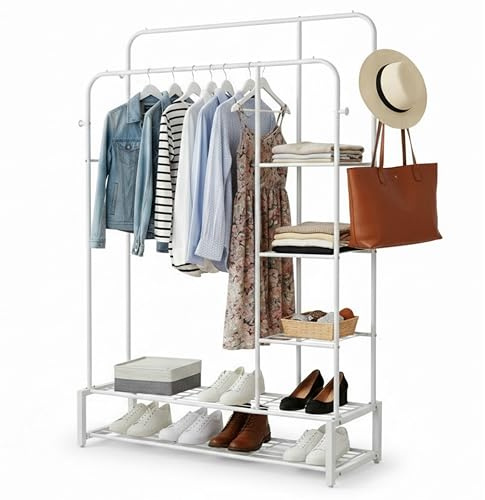 DIVCHI Clothes Rail Heavy Duty Metal Garment Rack with Double Hanging Bars Shoe Storage Shelves & Coat Hooks Space-Saving Wardrobe Stand for Bedroom & Hallway (White)