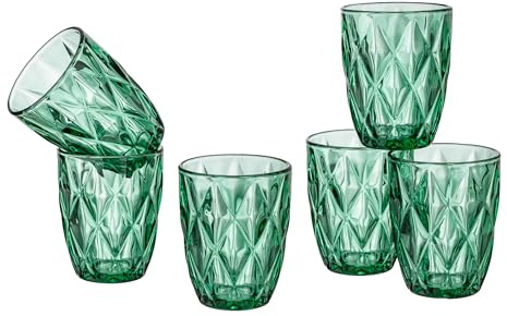 Baroni Home Lot de 6 verres diamantés en verre colorés et décorés avec losange en relief 28 cl, verres élégants lavables au lave-vaisselle, 8 x 8 x 10 cm vert