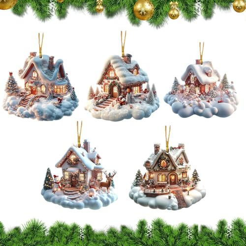Wusideday Navideños De La Casa De Pueblo,Adorno Navideño De La Casa - Decoración de Invierno en Acrílico con Diseño de Árbol de Navidad,Encantador Adorno de casa de Nieve para Las Vacaciones de