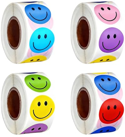 4 Rollen 2000 Stück Smiley Aufkleber Selbstklebend,8 Farben,für Kindertag,Belohnungsaufkleber, Geschenkdekorationen, Partydekorationen