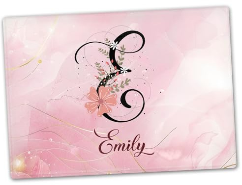Personalised Glass Chopping Board, Pink and Gold Marble Look, Floral Initial and Name, Cutting Board, Kitchen Worktop Saver 40cm x 30cm, Wedding, Anniversary, Housewarming, New Home, Birthday Gift