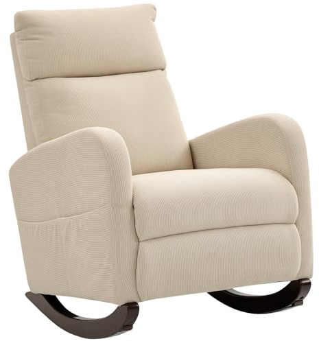 HOMCOM Silla Mecedora, Mecedora de Pana con Respaldo Alto, Patas de Madera de Caucho, Bolsillos, Reposabrazos, Estilo Moderno, Sillón de Lactancia, Carga 120 kg, para Dormitorio, Salón, Beige