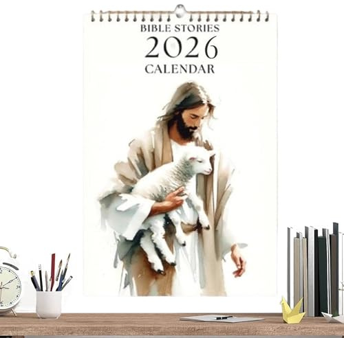 Väggkalender | Bibelns historia 2026 månadskalender - religiös konstnärlig inspirerad planerare Jesus håller får heminredning för kvinnor män kyrka