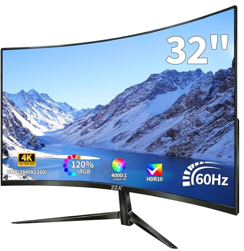 ZZA 32 Inch Curved Gaming Monitor,UHD 3840 * 2160 60Hz 4K PC Monitor, Curved 1500R,4000:1 Contrast,1Ms MPRT,HDR,FreeSync,VA,HDMI DP1.4